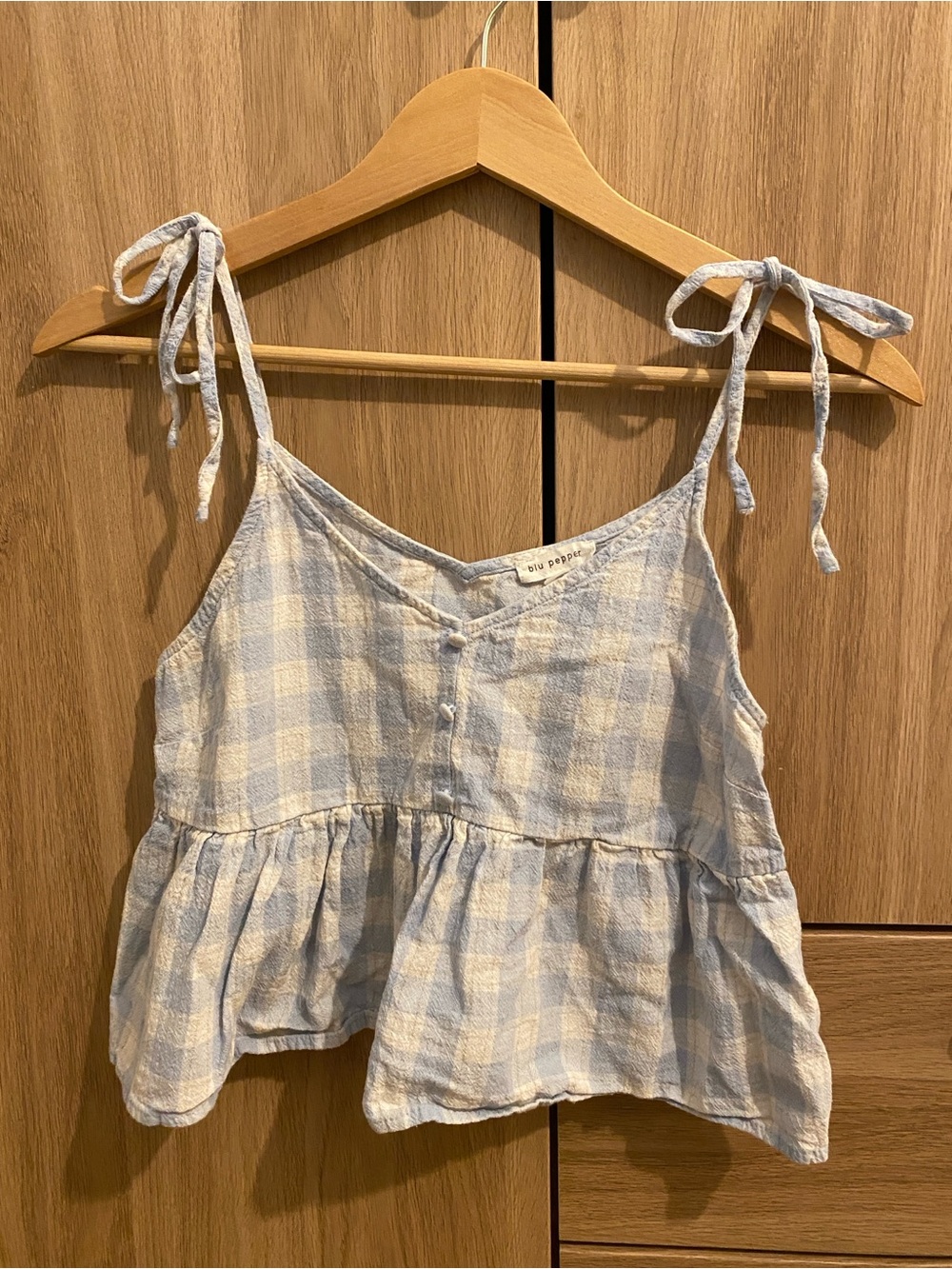 Light Blue and White Gingham Tie-Shoulder Peplum Cami